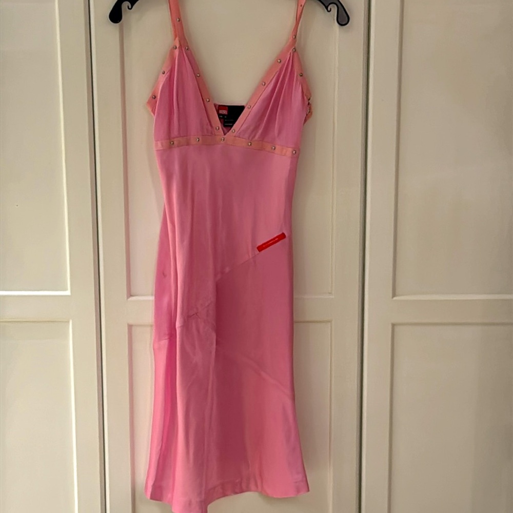Vintage Y2K Diesel Baby Pink Satin-Finish Cami Slip Midi Dress